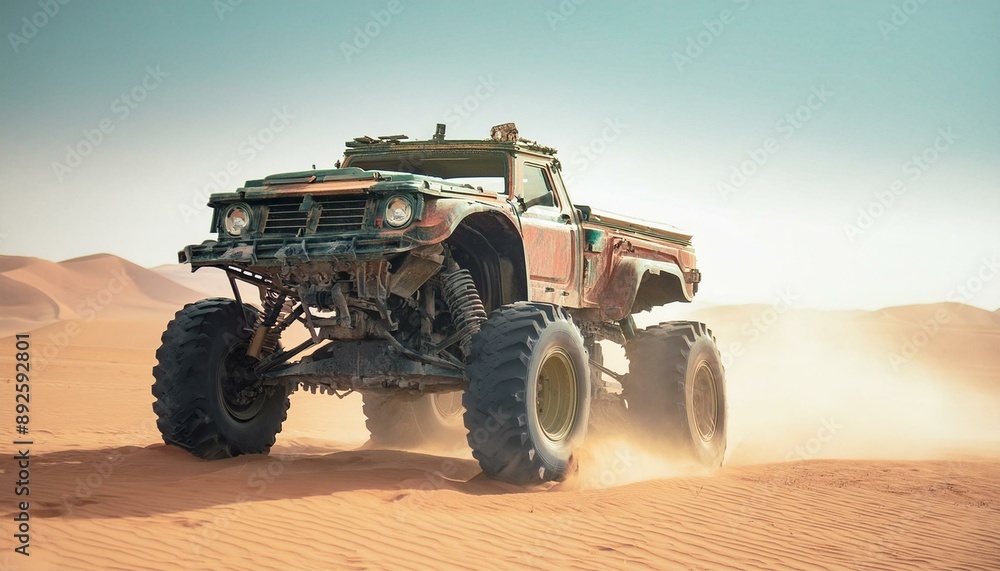 Rusty old apocalyptic monster car ridignt through desert Rusty old apocalyptic monster car ridignt through desert