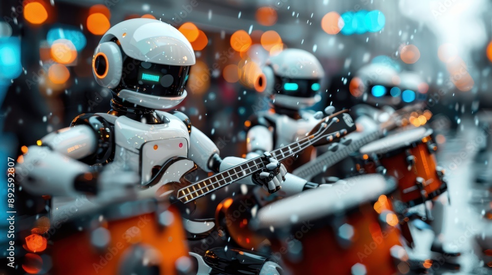 Fototapeta premium The image depicts a group of robots playing musical instruments, including bass guitar and drums, in a lively street performance with blurred colorful lights in the background.