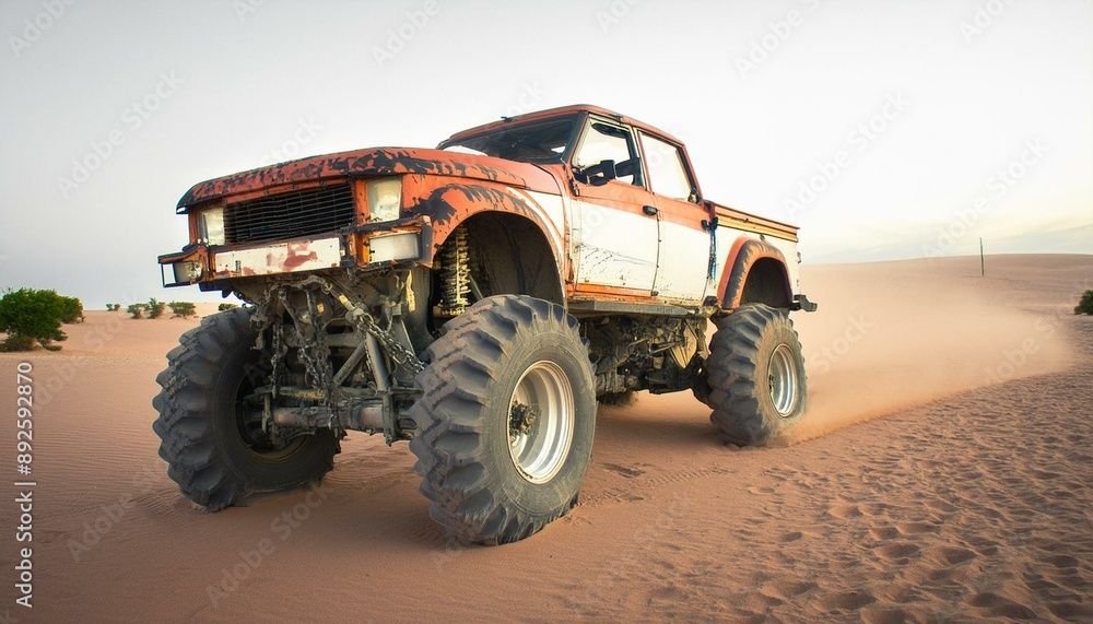 Rusty old apocalyptic monster car ridignt through desert Rusty old apocalyptic monster car ridignt through desert