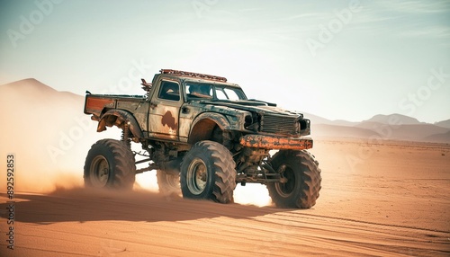 Obraz na płótnie Rusty old apocalyptic monster car ridignt through desert