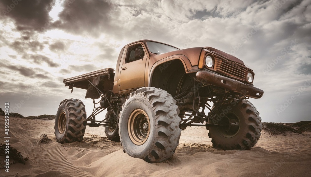 Rusty old apocalyptic monster car ridignt through desert Rusty old apocalyptic monster car ridignt through desert