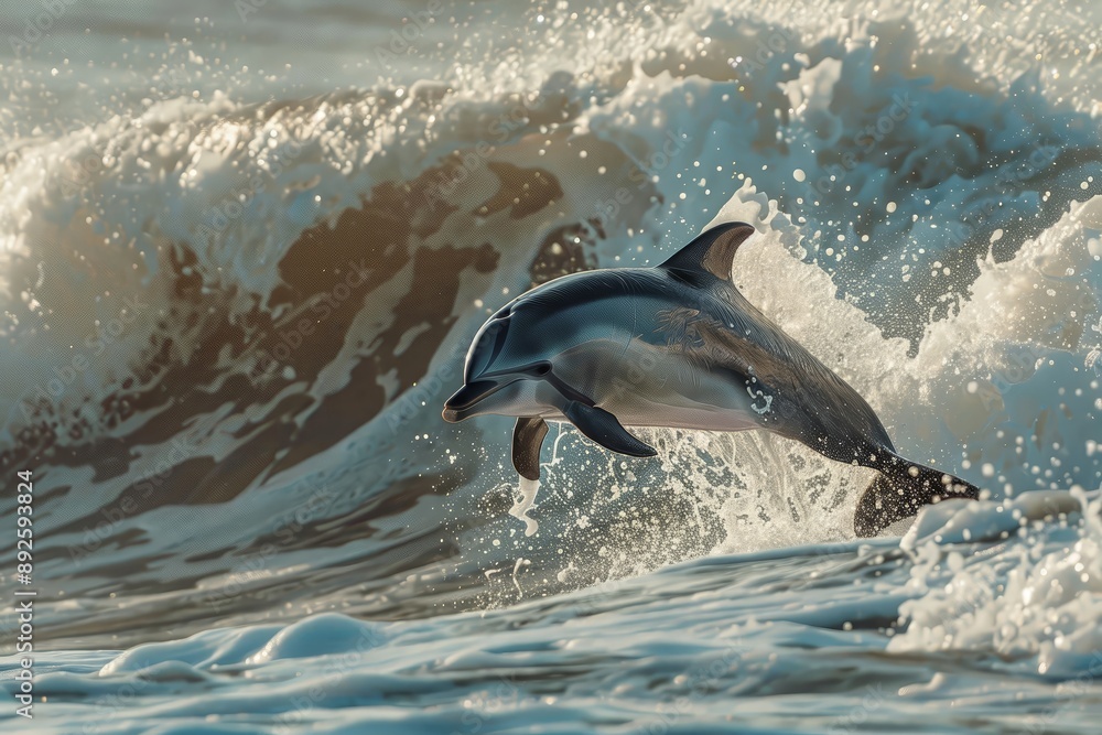 Naklejka premium A playful dolphin jumping through ocean waves 381 dolphin, water, sea, ocean, mammal, animal, blue, swimming, marine, wildlife, dolphins, whale, nature, fish, wild, fin, jump, life, splash, swim, jum