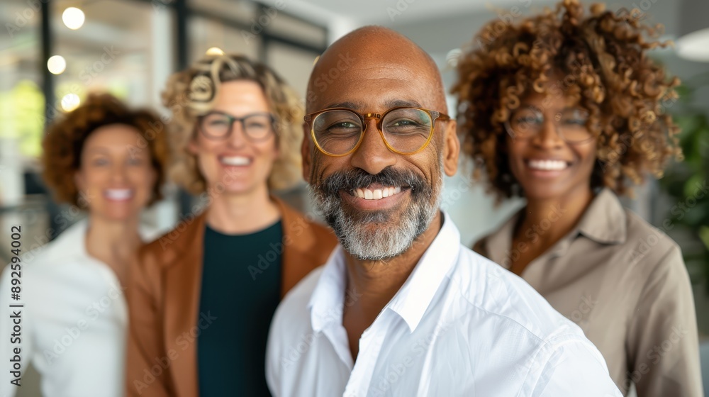A smiling man wearing glasses stands confidently with his diverse team in the background, indicating professional camaraderie and a positive work environment. A smiling man wearing glasses stands confidently with his diverse team in the background, indicating professional camaraderie and a positive work environment.