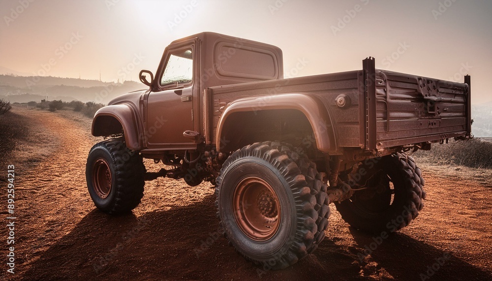 Rusty old apocalyptic monster car ridignt through desert Rusty old apocalyptic monster car ridignt through desert