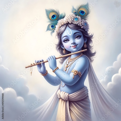 Beautiful portrait of lord krishna playing flute photo