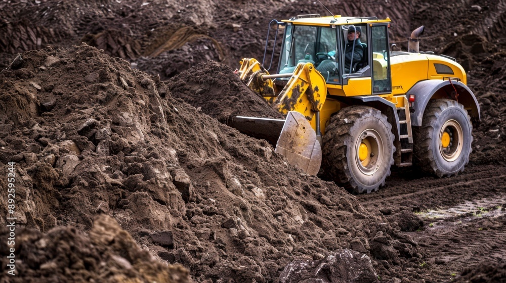 Yellow Excavator Working on Construction Site. Yellow Excavator Working on Construction Site.