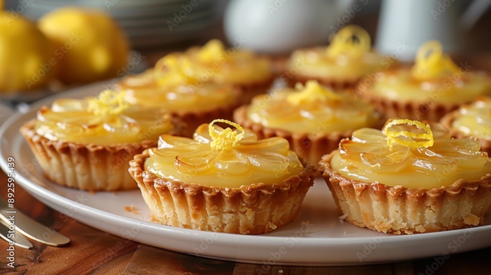 Petite lemon tarts with a golden crust, garnished with candied lemon zest, on a sleek ceramic plate against a backdrop of soft-focus kitchen utensils Petite lemon tarts with a golden crust, garnished with candied lemon zest, on a sleek ceramic plate against a backdrop of soft-focus kitchen utensils