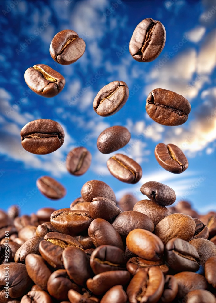 Coffee beans flying in a blue sky background. Coffee beans flying in a blue sky background.