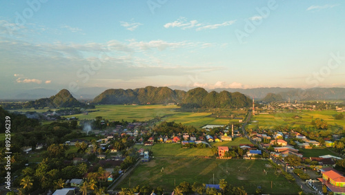 Fotografie landscape with green ricefield and blue sky