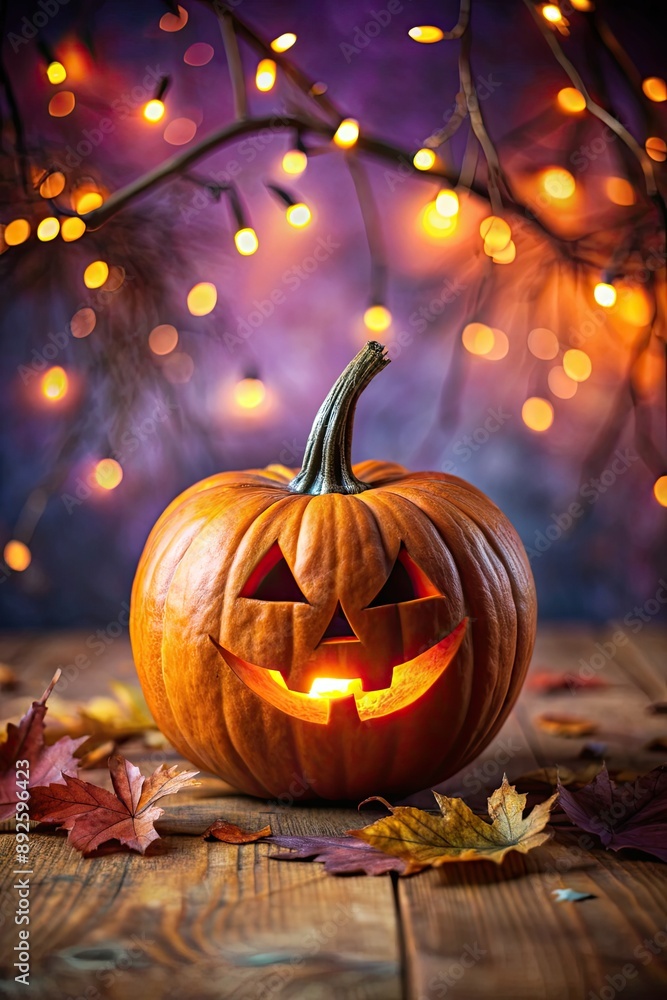Halloween pumpkin with glowing lights and autumn leaves. Halloween pumpkin with glowing lights and autumn leaves.