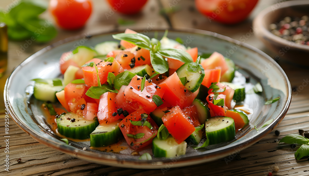 Tomato and cucumber salad with black pepper and basil on wooden table Tomato and cucumber salad with black pepper and basil on wooden table