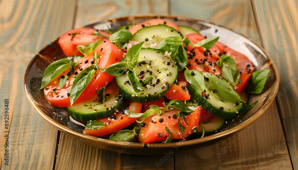 Tomato and cucumber salad with black pepper and basil on wooden table Tomato and cucumber salad with black pepper and basil on wooden table