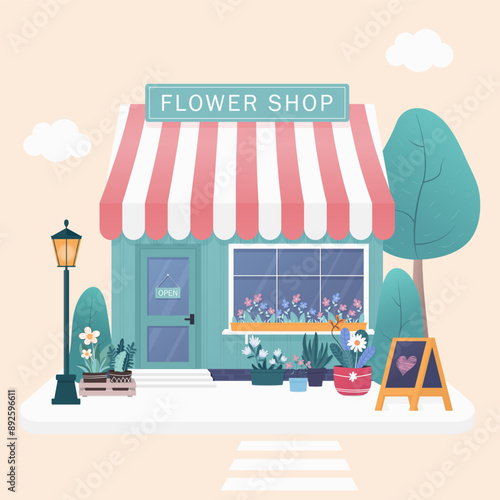 Flower shop, surrounded by flower pots and greenery.