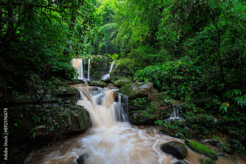Aerial shot of the Sapan waterfall in Nan Province, Thailand
