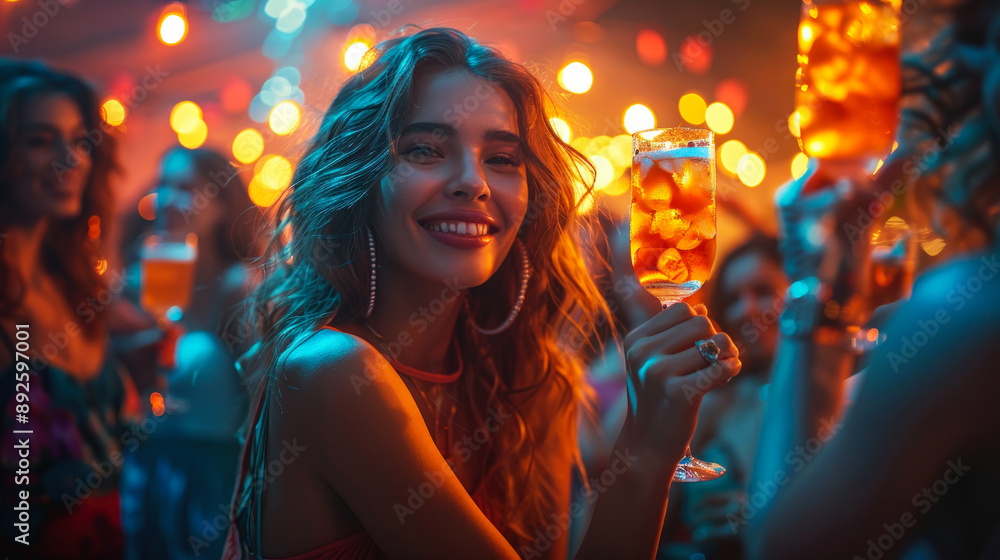 Obraz premium Lively Party Scene with Friends Enjoying Drinks and Dancing