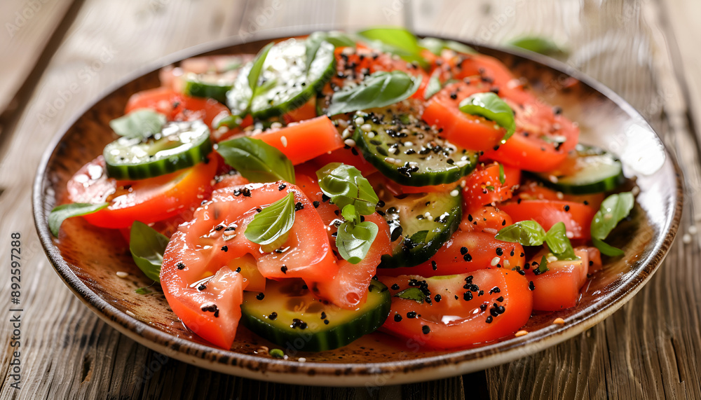 Tomato and cucumber salad with black pepper and basil on wooden table Tomato and cucumber salad with black pepper and basil on wooden table