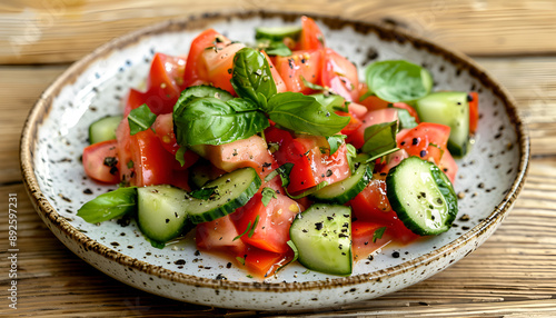 Tomato and cucumber salad with black pepper and basil on wooden table