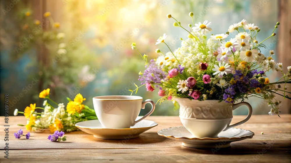 Still Life: Delicate Porcelain Teacups and Wildflowers Generative AI artwork Still Life: Delicate Porcelain Teacups and Wildflowers Generative AI artwork