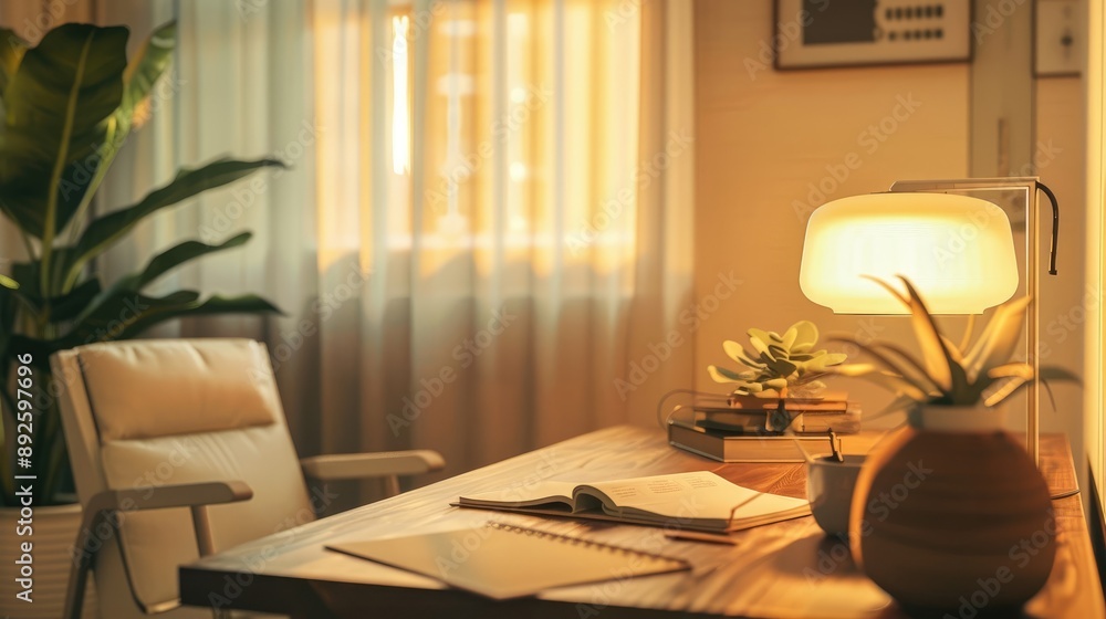 Peaceful Office Setup with Desk and Chair for Therapy Session, Notebook and Pen Ready Peaceful Office Setup with Desk and Chair for Therapy Session, Notebook and Pen Ready