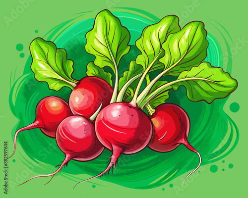 radish and lettuce  illustration Vector of fresh radish and lettuce , green isolated background, hand drawn vegetabes and fruit cartoon photo