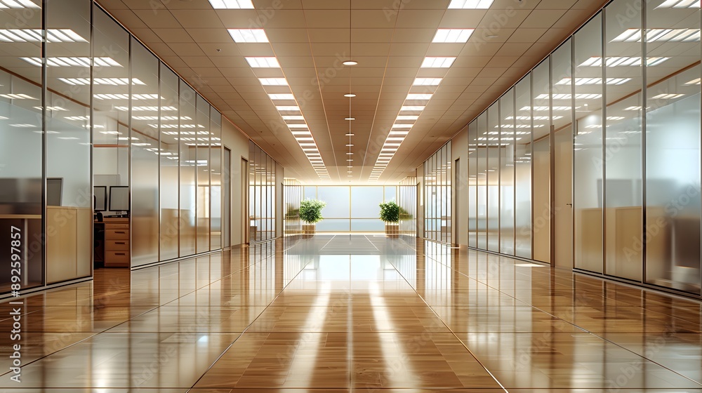 Fototapeta premium Corporate office cubicles, symmetrical layout, long hallway perspective, fluorescent ceiling lights, beige partitions, brown floor, empty workspace, sterile environment, modern office design.