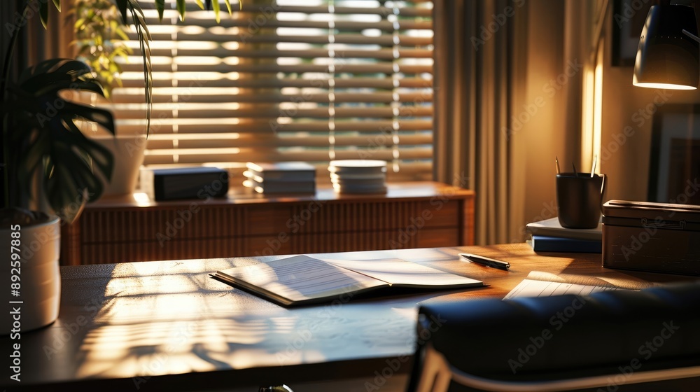 Peaceful Office Setup with Desk and Chair for Therapy Session, Notebook and Pen Ready Peaceful Office Setup with Desk and Chair for Therapy Session, Notebook and Pen Ready