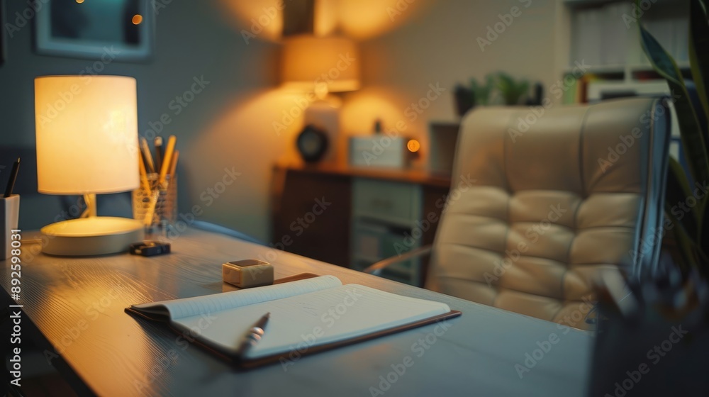 Peaceful Office Setup with Desk and Chair for Therapy Session, Notebook and Pen Ready Peaceful Office Setup with Desk and Chair for Therapy Session, Notebook and Pen Ready