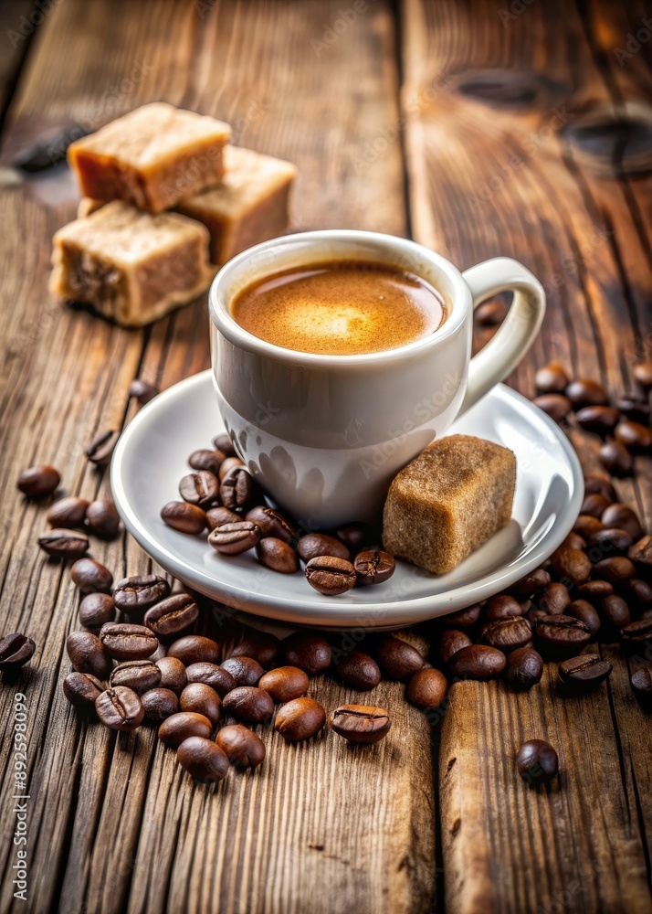 Cup of coffee with sugar cubes and coffee beans. Cup of coffee with sugar cubes and coffee beans.
