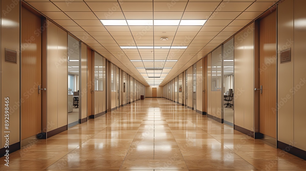 Corporate office cubicles, symmetrical layout, long hallway perspective, fluorescent ceiling lights, beige partitions, brown floor, empty workspace, sterile environment, modern office design. Corporate office cubicles, symmetrical layout, long hallway perspective, fluorescent ceiling lights, beige partitions, brown floor, empty workspace, sterile environment, modern office design.