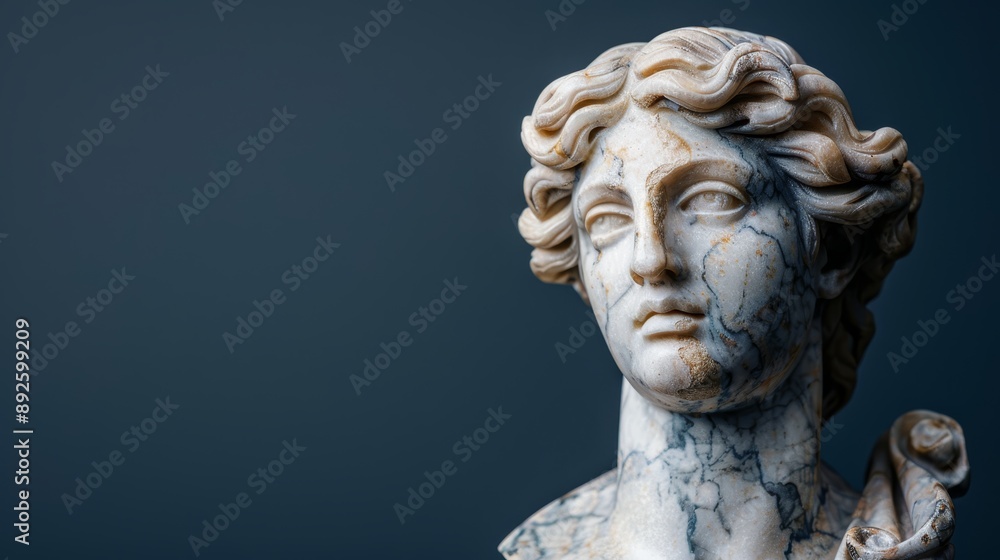 A tight shot of a marble woman's head and shoulders, her wavy hair billowing in the wind A tight shot of a marble woman's head and shoulders, her wavy hair billowing in the wind