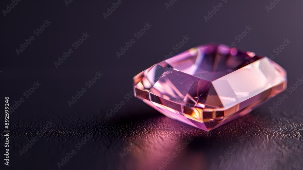 A tight shot of a rosy diamond atop a black background, mirrored by its reflection in the surface beneath A tight shot of a rosy diamond atop a black background, mirrored by its reflection in the surface beneath