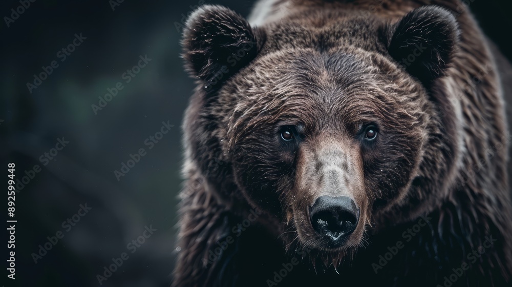 A tight shot of a brown bear's face, with a softly blurred backdrop of its head A tight shot of a brown bear's face, with a softly blurred backdrop of its head