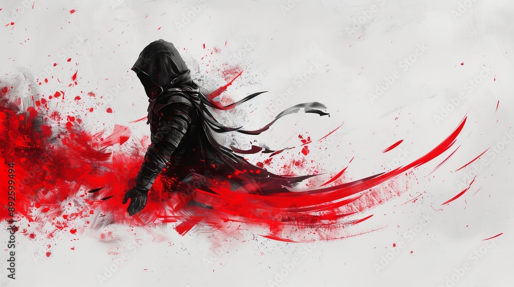 A person in a black-coated head is painted with red splatters A person in a black-coated head is painted with red splatters