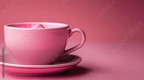  A pink coffee cup and saucer on a pink background Behind them, a pink wall