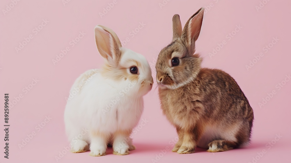 lovely two fluffy brown bunny and a white bunny sit on clean pink background lovely two fluffy brown bunny and a white bunny sit on clean pink background
