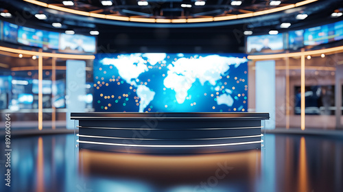 Photorealistic modern newsroom with a large digital screen displaying political maps, empty anchor desk in the foreground, professional and dynamic atmosphere