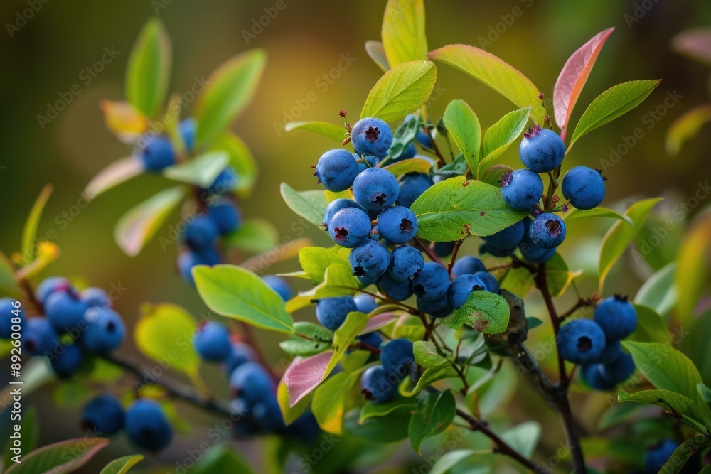 Close-up of ripe blueberries on a bush, vibrant green leaves in soft-focus background Close-up of ripe blueberries on a bush, vibrant green leaves in soft-focus background
