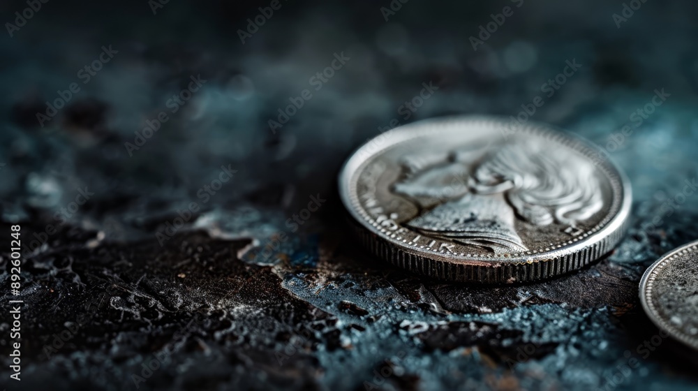 A tight shot of two silver coins against a backdrop of black and blue, with a touch of smoke in the distance A tight shot of two silver coins against a backdrop of black and blue, with a touch of smoke in the distance