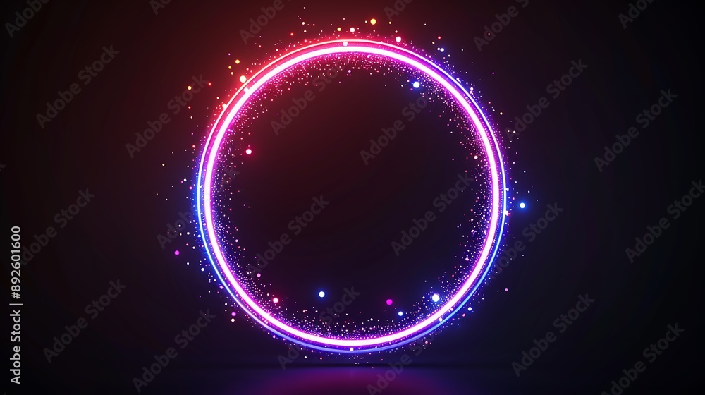 Fototapeta premium Neon circle with dots light effect on black background