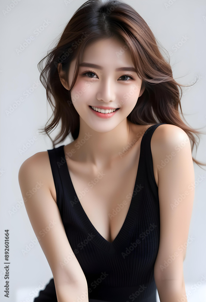 Naklejka premium Beauty portrait of a beautiful young woman with glowing skin. Beautiful real face, beauty image. 輝く肌を持つ美しい若い女性の美容ポートレート。美しい素顔、美容イメージ。 