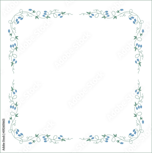 Green floral frame with blue bluebell flowers, bluebells decorative corners for greeting cards, banners, business cards, invitations, menus. Isolated vector illustration.	
