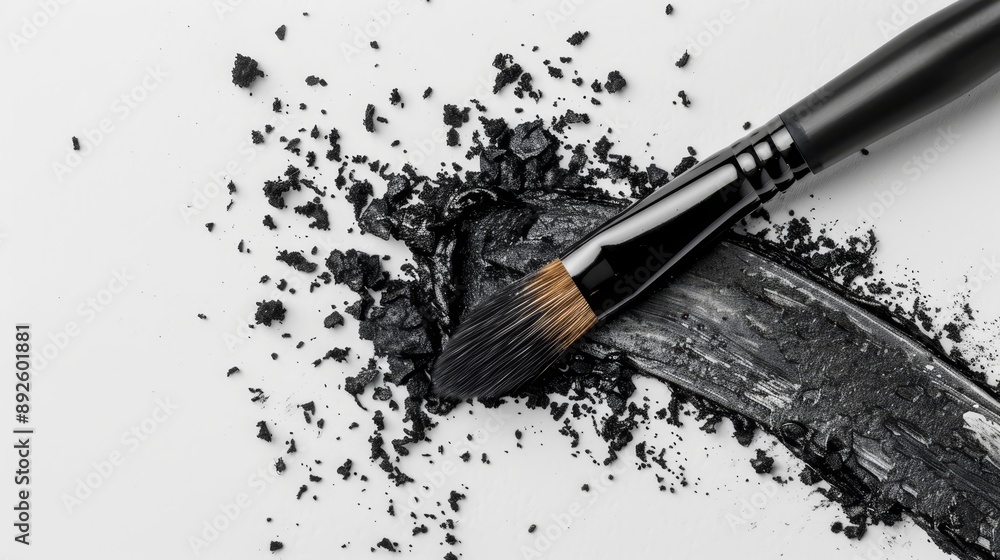 A tight shot of a brush atop a mound of pulverized charcoal and chalk on a pristine white background A tight shot of a brush atop a mound of pulverized charcoal and chalk on a pristine white background