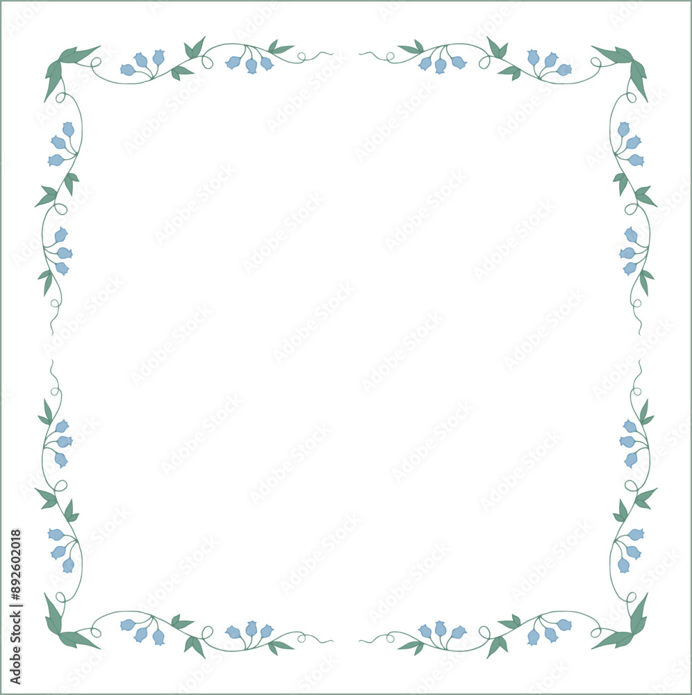 Green floral frame with blue bluebell flowers, bluebells decorative corners for greeting cards, banners, business cards, invitations, menus. Isolated vector illustration.
Green floral frame with blue bluebell flowers, bluebells decorative corners for greeting cards, banners, business cards, invitations, menus. Isolated vector illustration.