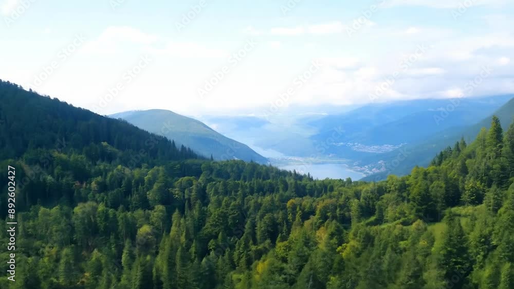 Serene mountain valley with lush greenery distant fog Serene mountain valley with lush greenery distant fog