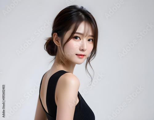 Beauty portrait of a beautiful young woman with glowing skin. Beautiful real face, beauty image. 輝く肌を持つ美しい若い女性の美容ポートレート。美しい素顔、美容イメージ。	
