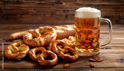 Glass of beer, pretzels and various sausages on wooden background. Oktoberfest