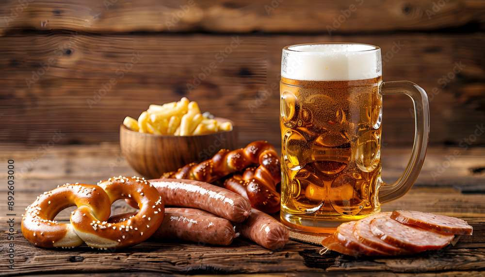 Glass of beer, pretzels and various sausages on wooden background. Oktoberfest Glass of beer, pretzels and various sausages on wooden background. Oktoberfest