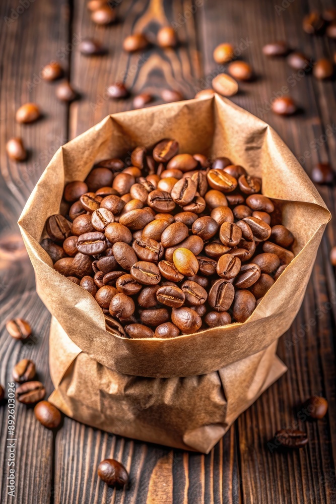 Fototapeta premium Paper bag filled with roasted coffee beans.