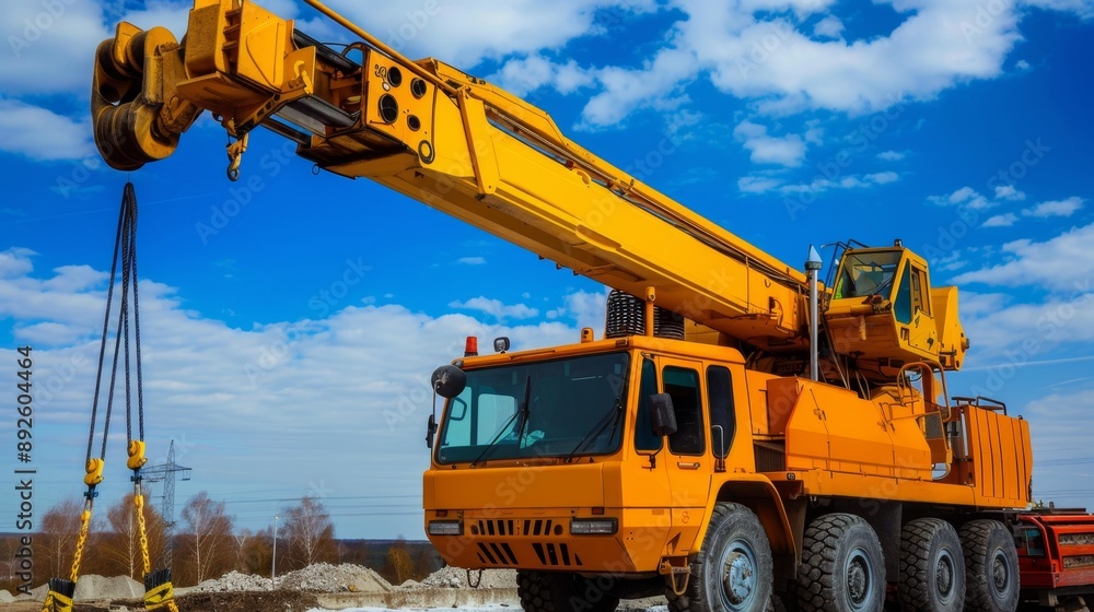 Yellow Crane Truck on a Construction Site. Yellow Crane Truck on a Construction Site.