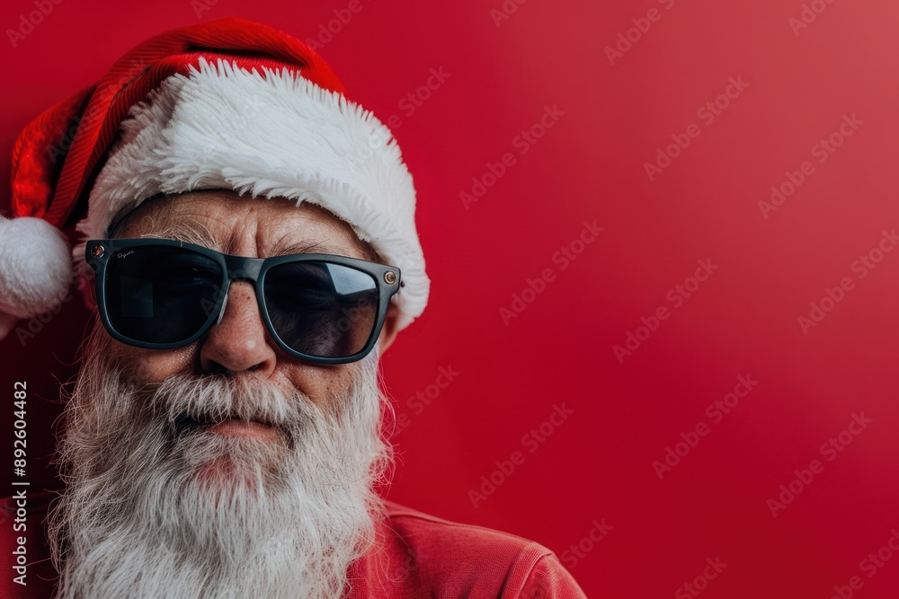 A santa clause wearing sunglasses and a santa hat Isolated on red background A santa clause wearing sunglasses and a santa hat Isolated on red background